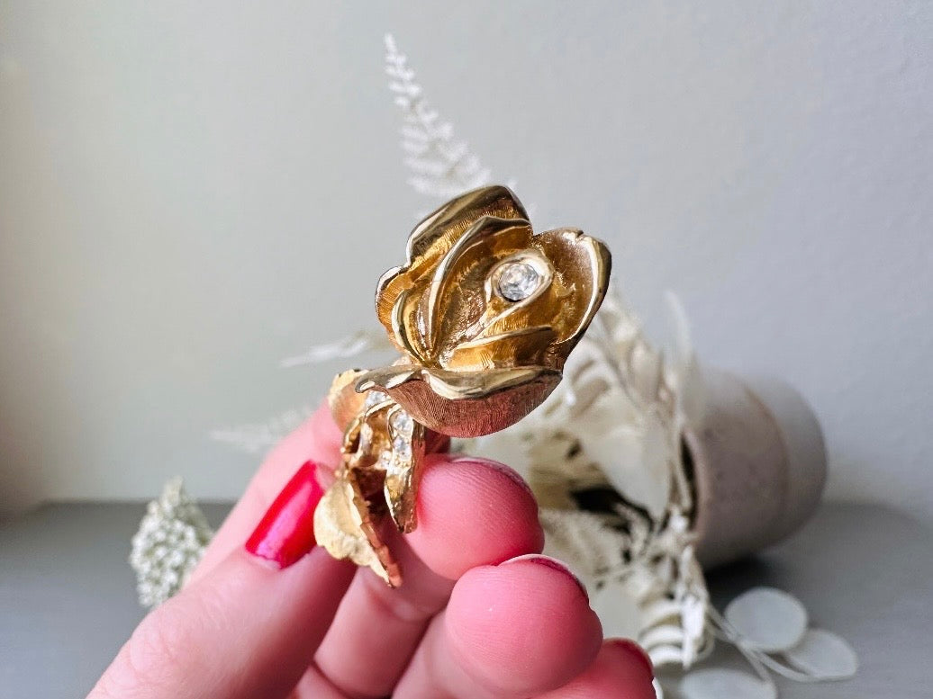 Gold Rose Brooch with Diamond Rhinestones, Vintage Rose Brooch, Pretty Flower Pin for Wedding, Bridal Bouquet Accent, Something Old Bride