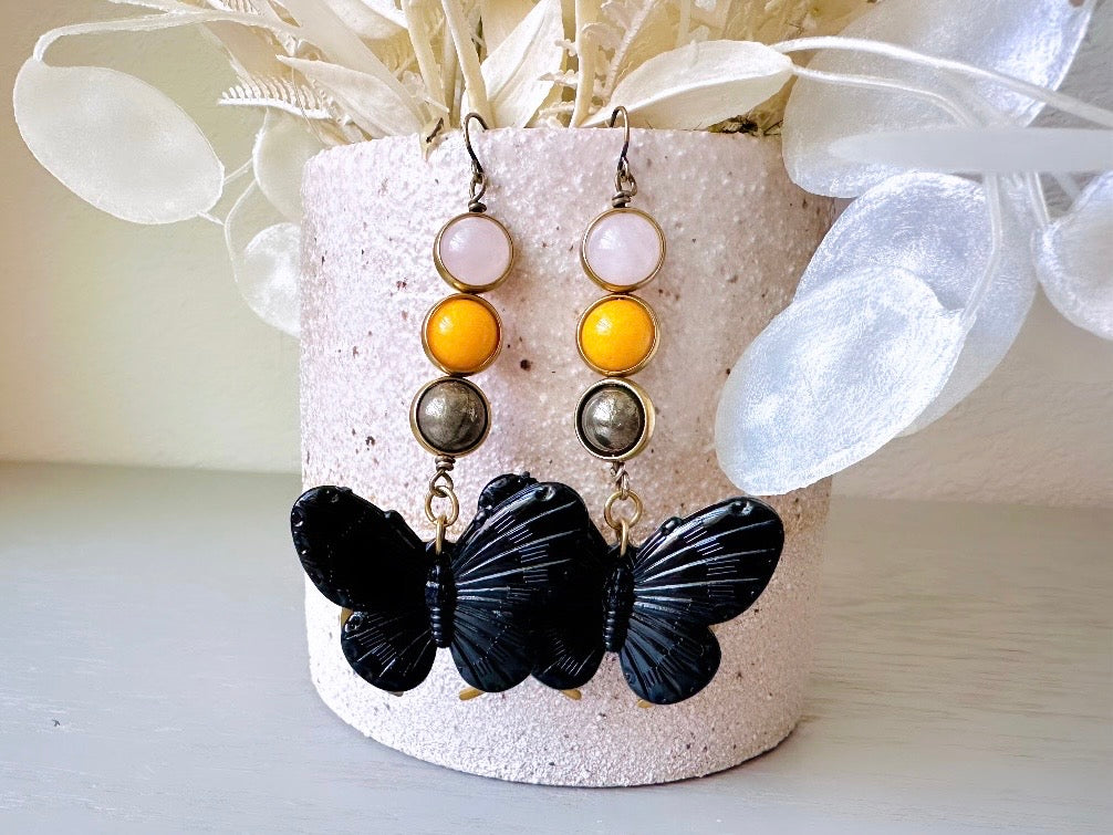 Gemstone Butterfly Earrings, Whimsical Boho Handmade Earrings, Rose Quartz Yellow Jade & Pyrite Orbs in Bronze Frames Black Butterfly Moon