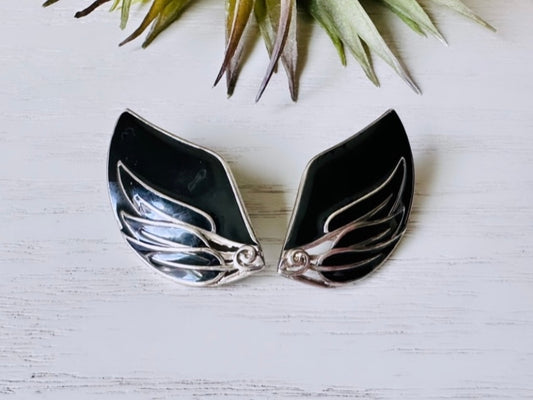 Vintage Berebi Black Wing Earrings, 1980s Silver Pierced Post Earrings, Rare Vintage Berebi Earrings, 80s Dramatic Black Swan Earrings