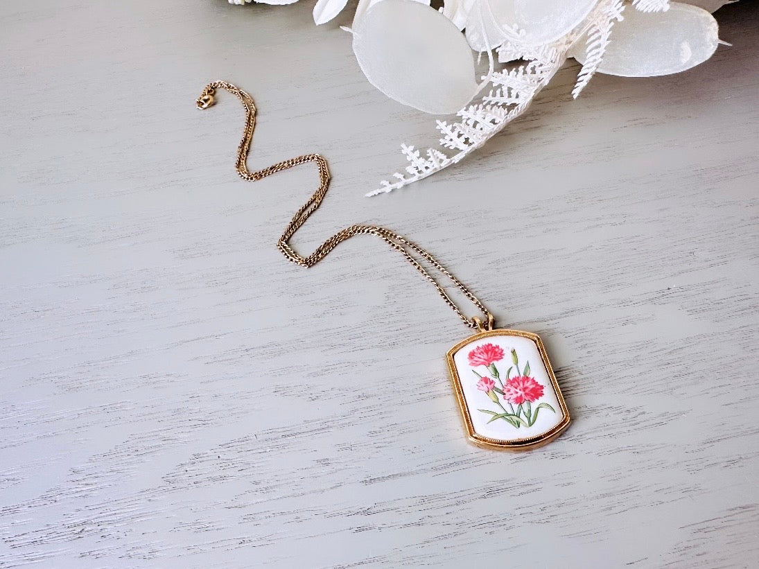Vintage Flower Pendant Necklace, Pink Carnation January Birthday Avon Necklace, 1980 Floral Heritage Porcelain & Dainty Gold Chain