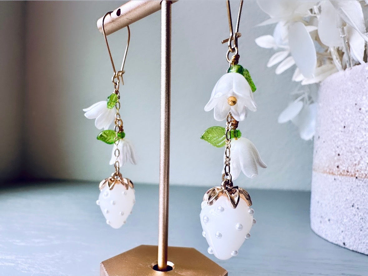 White Strawberry Earrings, Original Handmade 24k Gold + Murano Glass Earring, Pearl Strawberry + Dainty Bell Flower Glass Dangle Earrings by Piggle and Pop