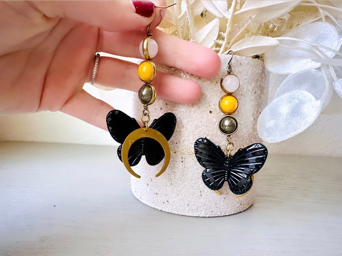 Gemstone Butterfly Earrings, Whimsical Boho Handmade Earrings, Rose Quartz Yellow Jade & Pyrite Orbs in Bronze Frames Black Butterfly Moon