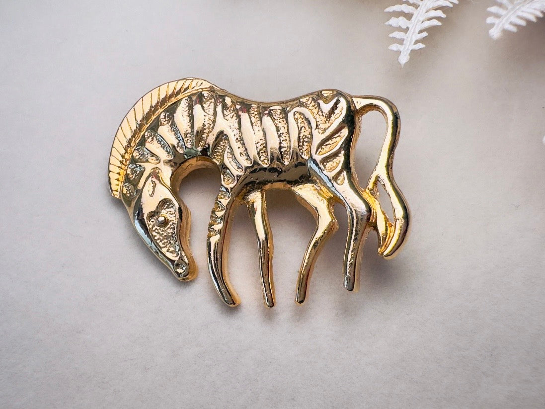 Gold Zebra Brooch Pin, Vintage Wild Zebra Pin, Fun 1980s Jewelry, 80s Gold Vintage Brooch