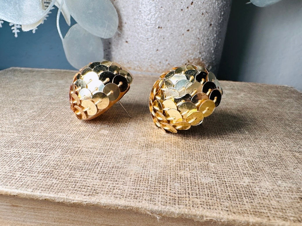Gold Sequin Earrings, 1970s Party Earrings, Pierced Post Earrings, Big Gold Dome Earrings Covered in Sequins, Authentic Disco Earrings