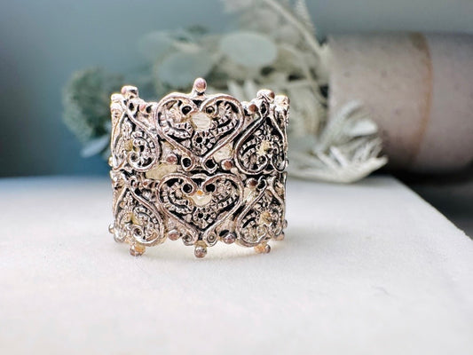 Silver Filigree Ring, Antique Silver Lace Ring with Hearts + Cut Outs, Vintage Statement Ring, Thick Band Costume Cocktail Ring, Size 6