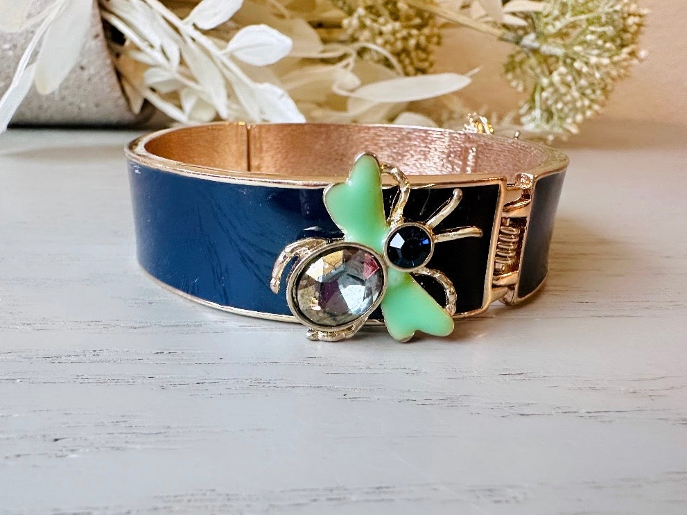 Vintage Cuff Bracelet, Navy Gold and Mint  Enamel Hinged Bracelet with Rhinestone Firefly Bugs, Gold Hinged Clamper Bracelet for Stacking