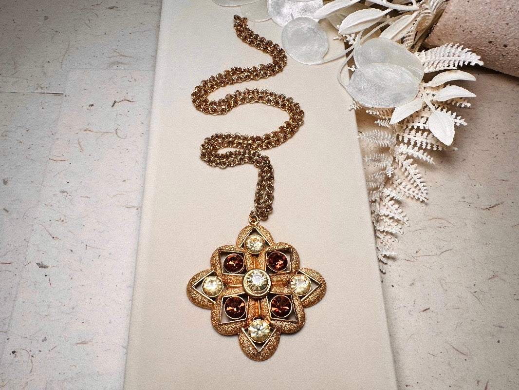 Vintage Maltese Cross Pendant Necklace with Topaz and Citrine Crystals, 1970s Gold Starburst Necklace, Big Bold 70s Pendant Necklace