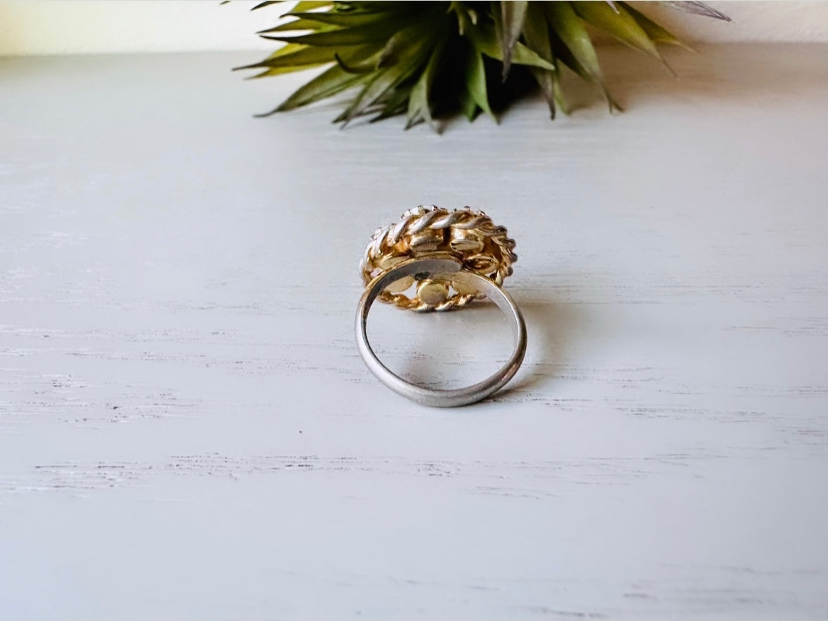White Milk Glass Ring, Vintage Statement Ring, Vintage White Ring, Gold Tone Cocktail Ring, Chunky Retro Rhinestone Costume Ring