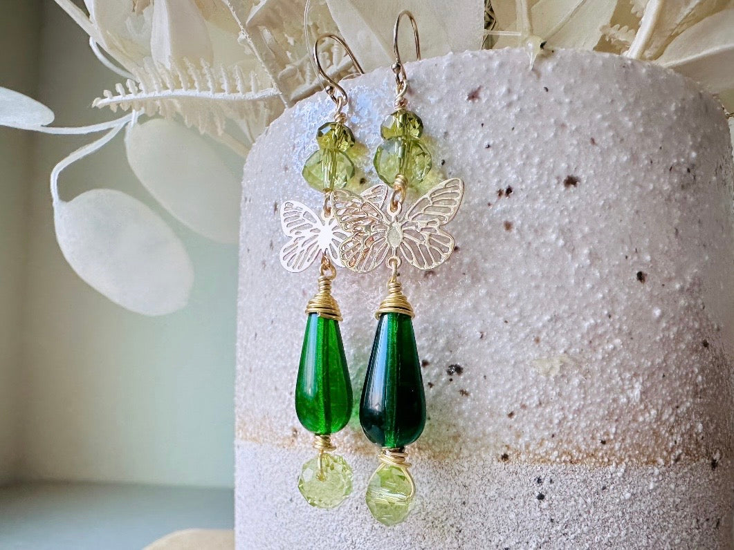 Green Butterfly Earrings, Bridgerton Inspired Handmade 14k Gold Filigree Butterfly Green Crystal Dangle Earrings, Woodland Whimsical Earring by Piggle and Pop