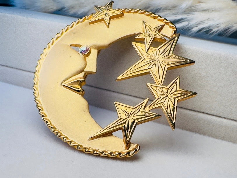 Moon and Stars Vintage Matte Gold JJ Brooch, Man in the Moon Oversized Celestial Jewelry