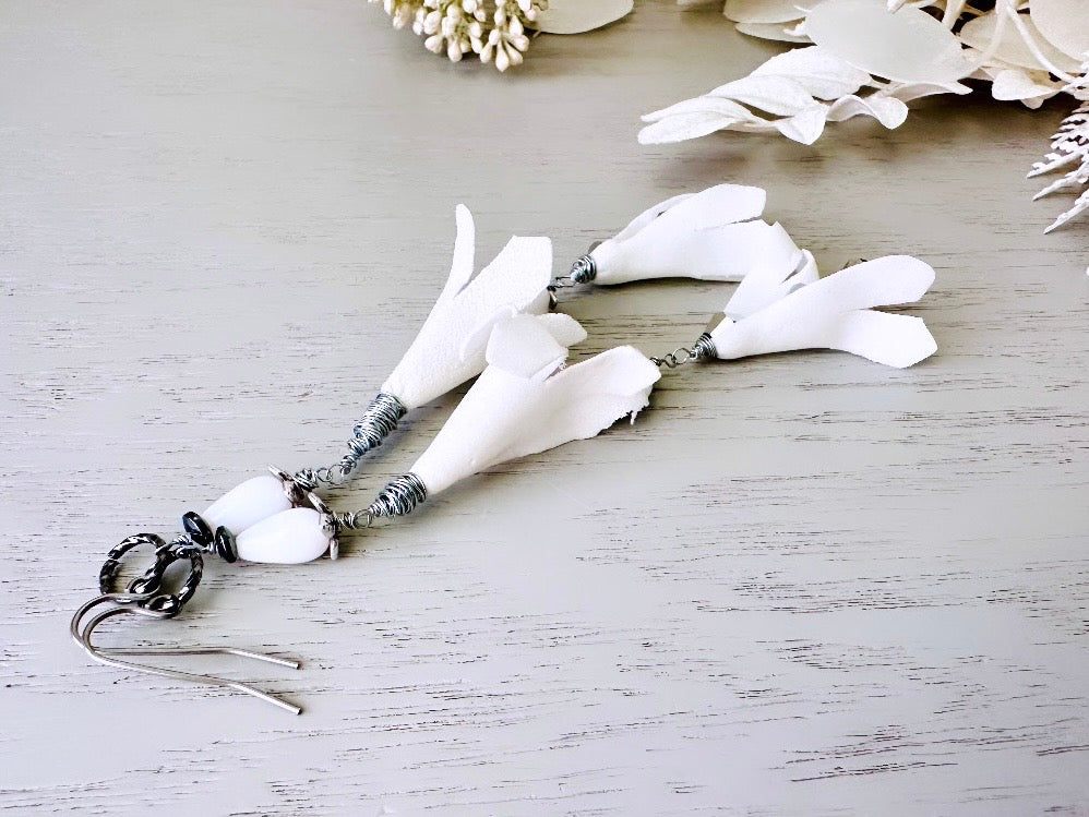 Whimsical White Flower Earrings, Vintage Inspired Bridal Earrings, Extra Long Handmade Floral White Earring, Romantic Boho Textile Beads