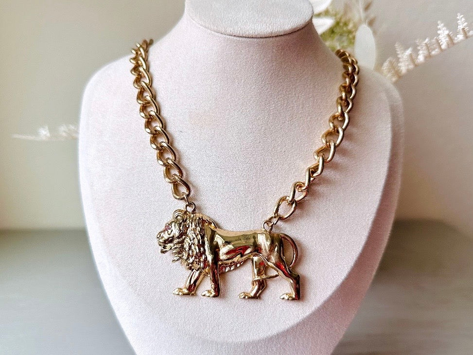 Vintage Gold Lion Necklace, Leo Zodiac Necklace, Big Bold Gold Lion Pendant Necklace, Eye Catching Runway Statement Necklace