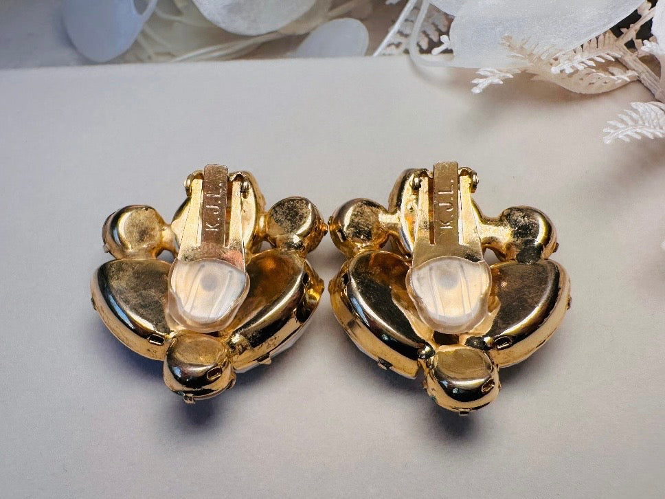 Vintage White Earrings, Pearl and Rhinestone Gold Clip On Cluster Earrings, 1960s Designer Vintage Kenneth Jay Lane Statement Earrings