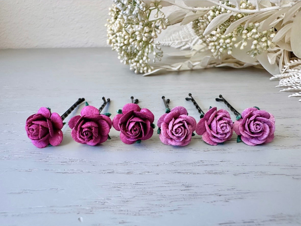 Rose Hair Pins in Wine Purple and Soft Lilac,  Paper Flower Bobby Pins, Merlot Wedding Rustic Hair Pins, 6 Floral Autumn Fall Hair Flowers MPR6