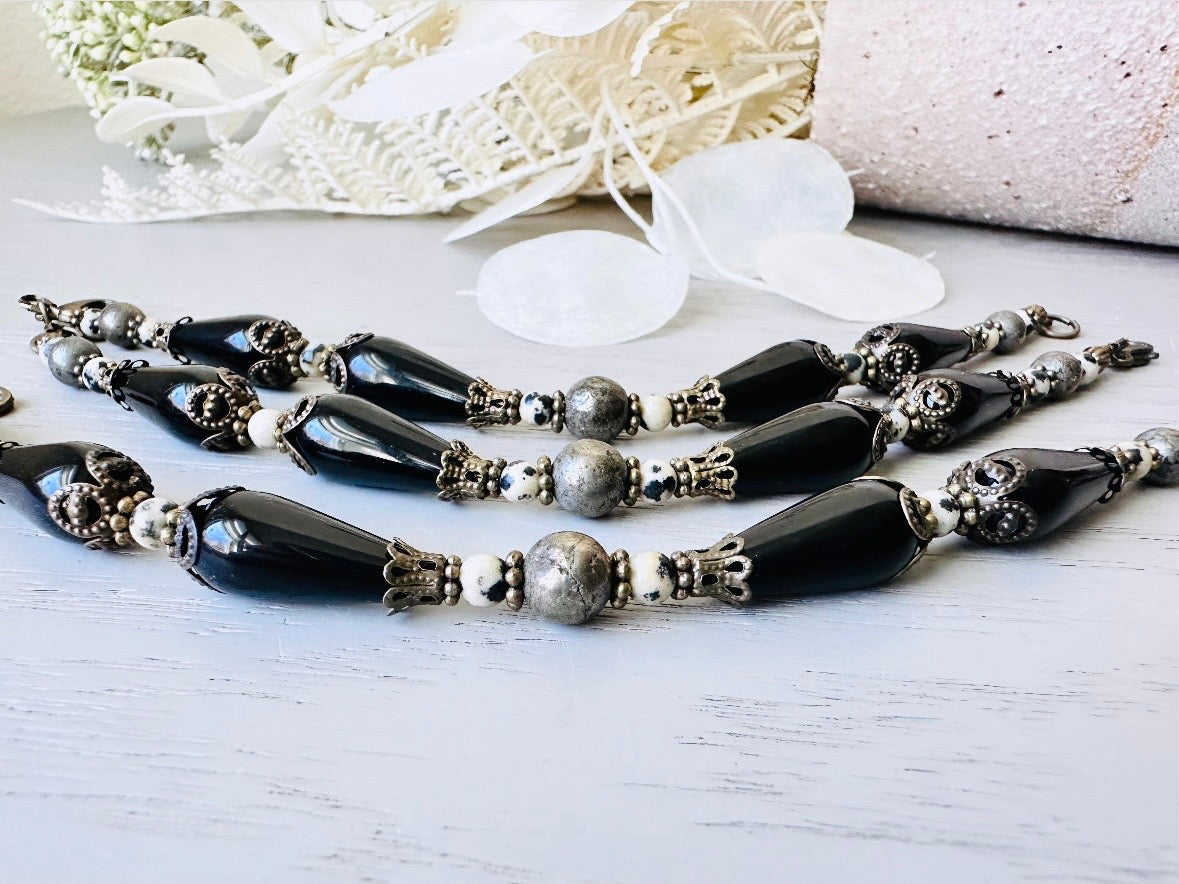 Black Gemstone Bracelet, Handmade Dalmatian Jasper, Czech Glass + Natural Pyrite Stone Bracelet, Unique Beaded Bracelet with Bronze Accents