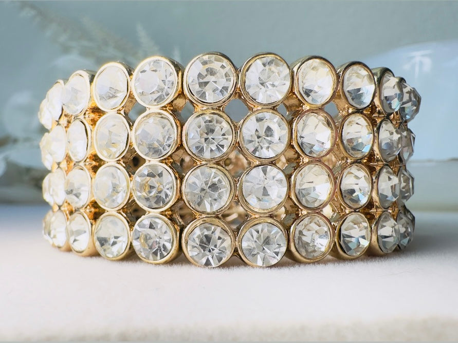 Vintage Rhinestone Stretch Bracelet, Sparkling Wide Band 4 Four Layer Cuff