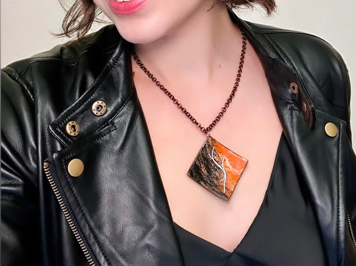 Vintage Artisan Metal Necklace, Square Orange Black and White Copper Pendant and 18" Chain, Funky Abstract Retro Necklace