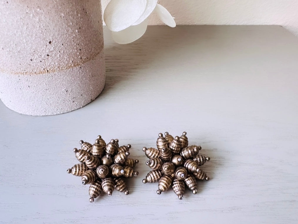 Bronze Cluster Earrings, Fabulous Vintage Clip On Earrings, Big Bold Statement Earrings, Bead Cluster Pom Pom Clip-Ons