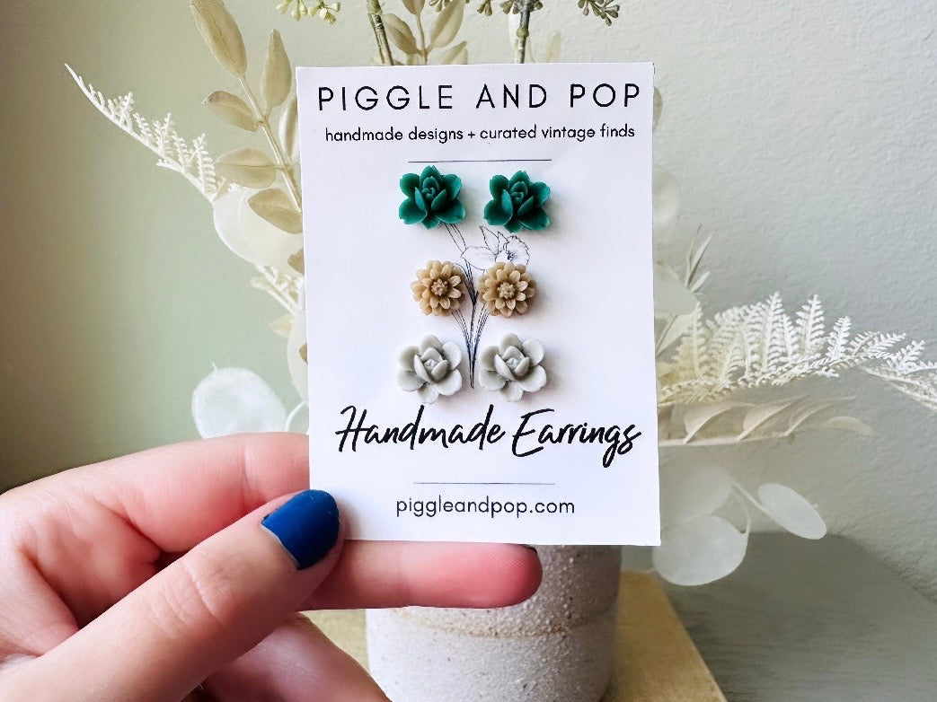 Botanical Post Earrings Set, Flower Stud Earrings in Emerald Green, Latte Brown and Cool Grey Earring Gift Set, Cute Floral Resin Earrings handmade by Piggle and Pop