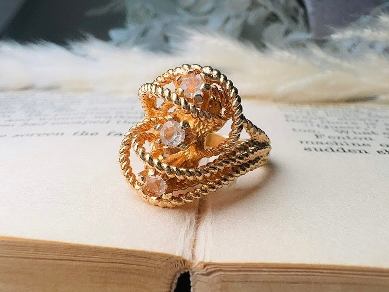 Vintage Statement Ring, Park Lane Twisted Rope Gold Ring with Swarovski Crystal Accents, Chunky Multi Stone Vintage Cocktail Ring 18K Size 6