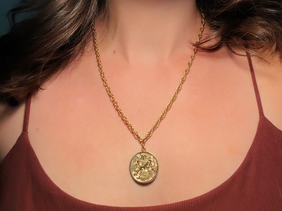 Vintage Aries Zodiac Necklace, Star Sign Astrology Necklace, Unique Birthday Necklace, 20" Long Gold Coin Aries Astrology Pendant Necklace