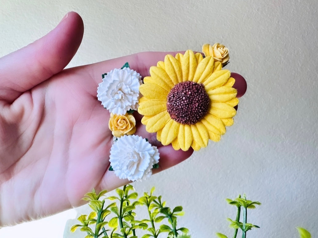 Yellow Flower Hair Pin Set, Yellow Sunflower Bobby Pin with White Carnation + Yellow Rose  Hair Flowers, Sunny Handmade Hair Accessories