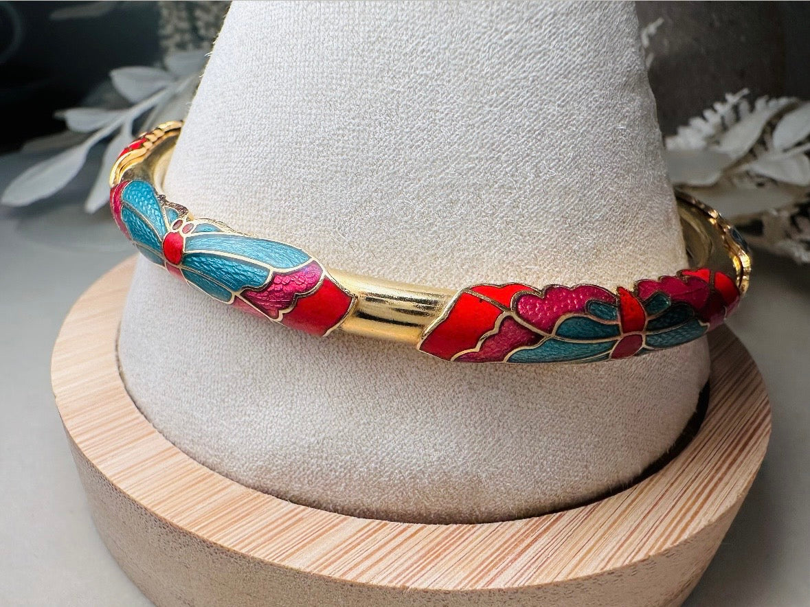 Vintage Cloisonne Skinny Butterfly Bracelet in Blue and Red