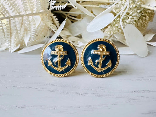 Vintage Anchor Earrings, Navy Blue and Gold Nautical Rope Clip On Button Earrings