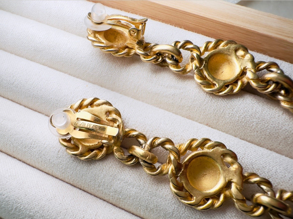 Matte Gold Drop Chain Earrings, Erwin Pearl Vintage Clip On Earrings, 1980s Dramatic Gold Earrings, Triple Link Chain Rope Border Earrings