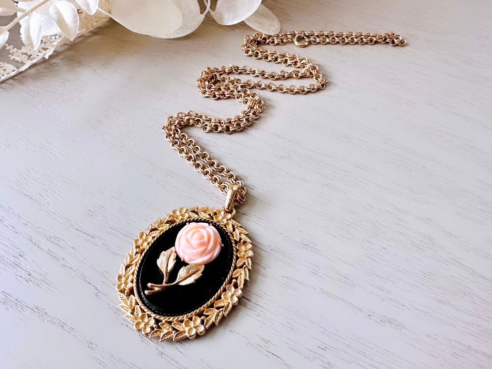 Mirrored Rose Pendant Necklace, Signed Serena Rose Vintage 1973 Avon Mirrored Pendant Necklace, Victorian Revival Jewelry
