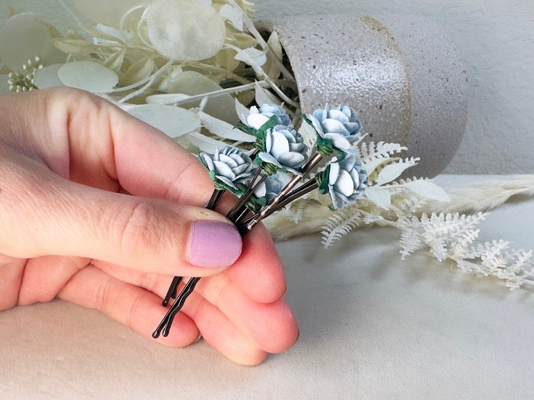 Ice Blue Flower Hair Pins, Handmade Mulberry Paper Rose Bridal Bobby Pins