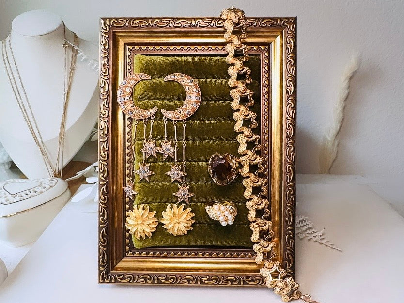 Velvet Jewelry Display Frame, Handmade Victorian Style Olive Green Ring Holder