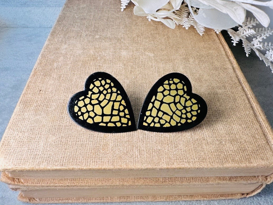 Mosaic Heart Earrings, Black and Gold Enamel Metal Heart Pierced Earrings, Unique Vintage Textured Metal Heart Pierced Post Earrings