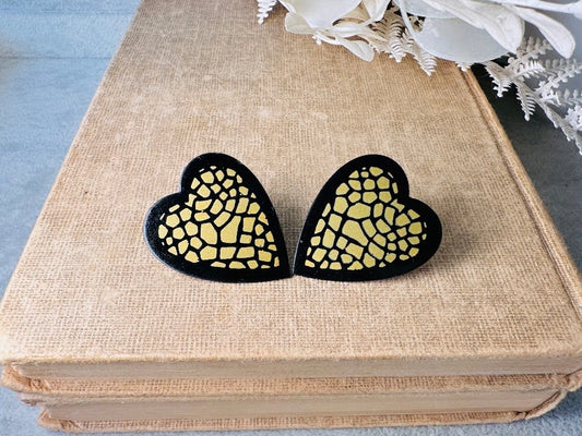 Mosaic Heart Earrings, Black and Gold Enamel Metal Heart Pierced Earrings, Unique Vintage Textured Metal Heart Pierced Post Earrings