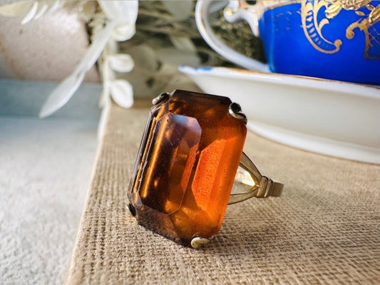 Vintage 70s Ring, Large Solitaire Topaz Rectangle Emerald Cut 1978 Smoky Lustre November Birthstone Cocktail Ring, Chunky Costume Jewelry