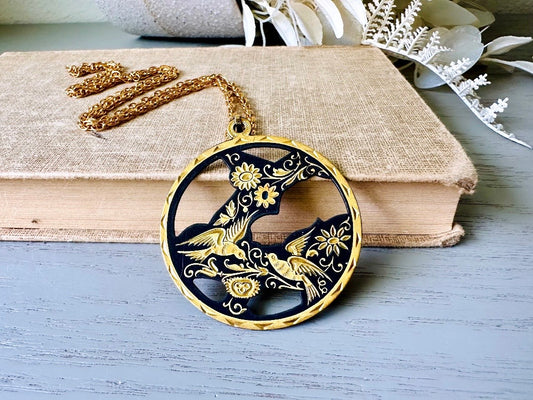 Vintage Damascene Pendant Necklace, Black and Gold Floral Bird Necklace, Etched Gold on Matte Black Intricate Cut Out Design, 24" Chain