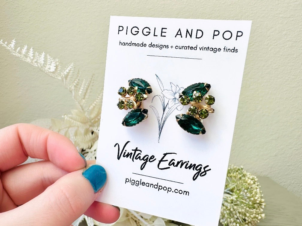 Emerald and Olive Vintage Rhinestone Earrings, Vintage 1960's Emerald Crystal Clip On Earrings, Unique Shape Marquis Navette Glam Jewelry