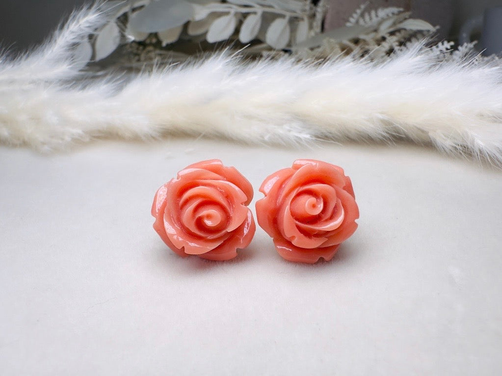 Coral Pink Rose Earrings, Large Rose Stud Earrings, Resin Cabochon Rosettes Hypoallergenic Surgical Steel Handmade Earrings Sensitive Ears