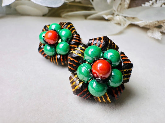 60s Beaded Clip On Earrings, Unique Vintage Retro Earrings in Red and Green, Made in Hong Kong