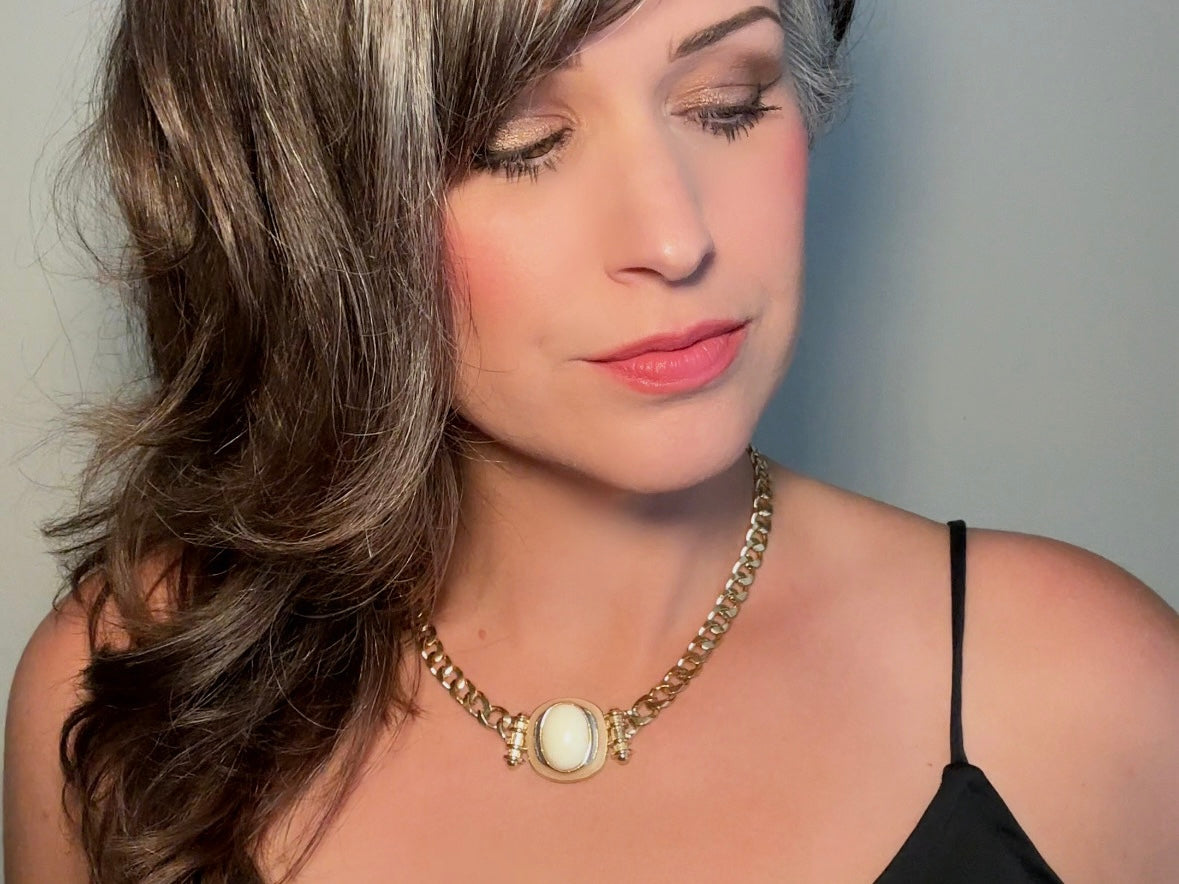 Vintage Trifari Chain Choker Necklace with Cream Cabochon Focal, 1970s Abstract Enamel and Chunky Gold Chain Geometric Necklace