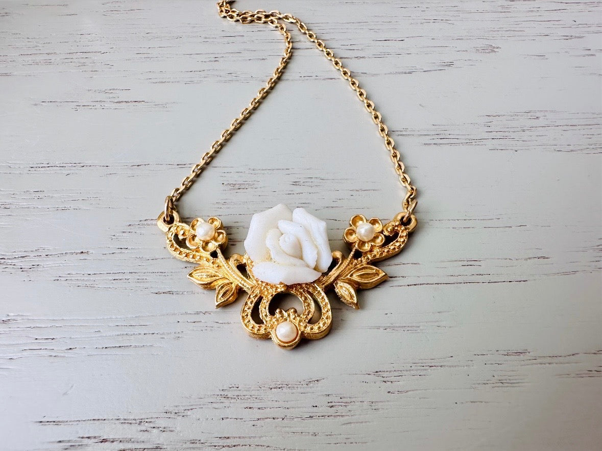 Porcelain Rose Necklace, Vintage 1970s Necklace, 18" Gold Flower Necklace, Tiny Pearls Scrolled Pendant, Dainty Victorian Revival Necklace