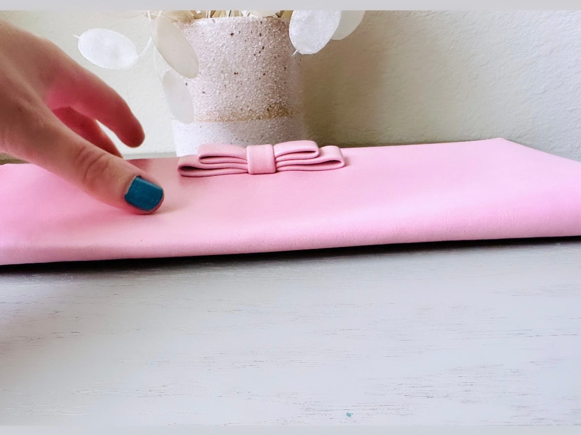 Bubblegum Pink 1960s Vintage Clutch, Barbie Pink Rectangular Leather Clutch Purse with Bow + Striped Interior, VTG Designer Harry Levine from Piggle and Pop