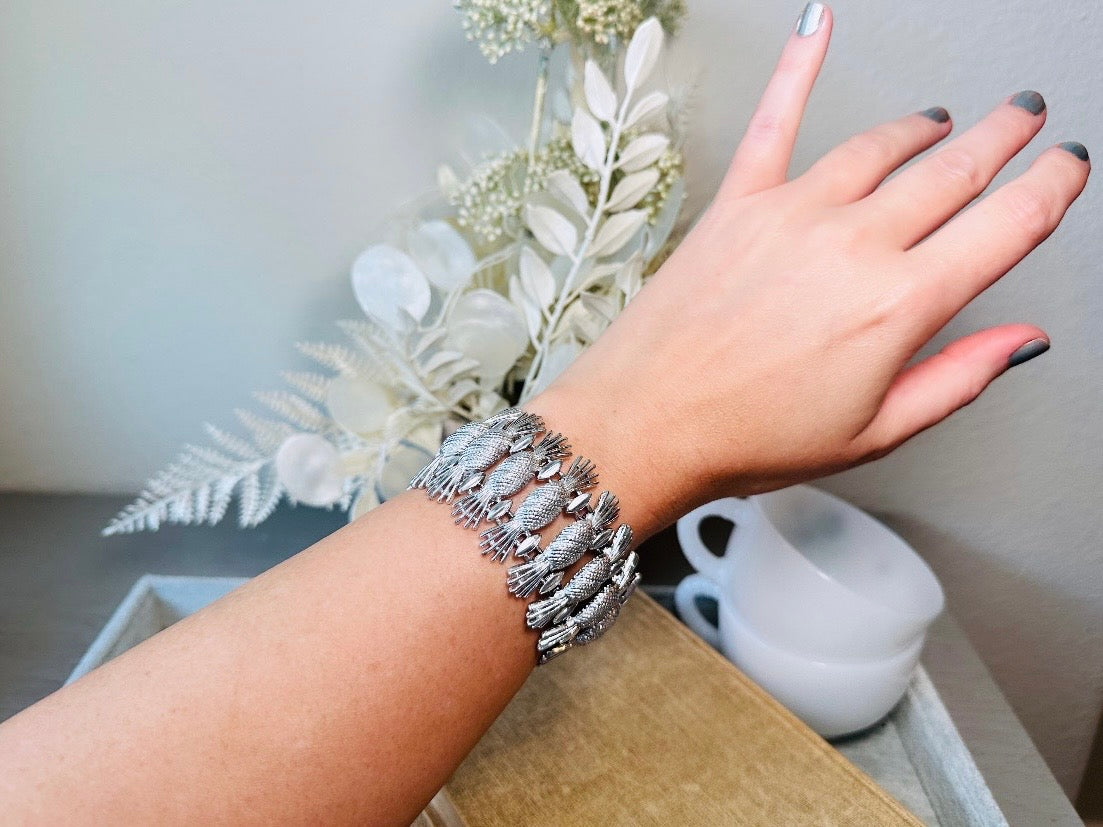 Vintage Silver Bracelet, Thick Articulated Metal Panel Bracelet, Large Chunky Silver Sarah Coventry Simply Elegant Pineapple Bracelet