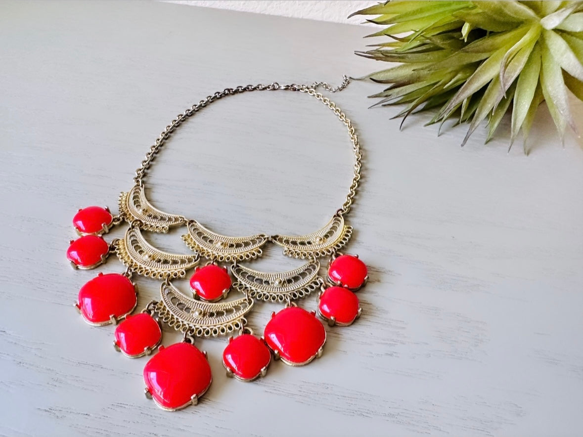 Red and Gold Vintage Statement Necklace, Bubble Bib Necklace, Gold Filigree Fan and Red Rhinestone Cocktail Necklace, Big Holiday Necklace