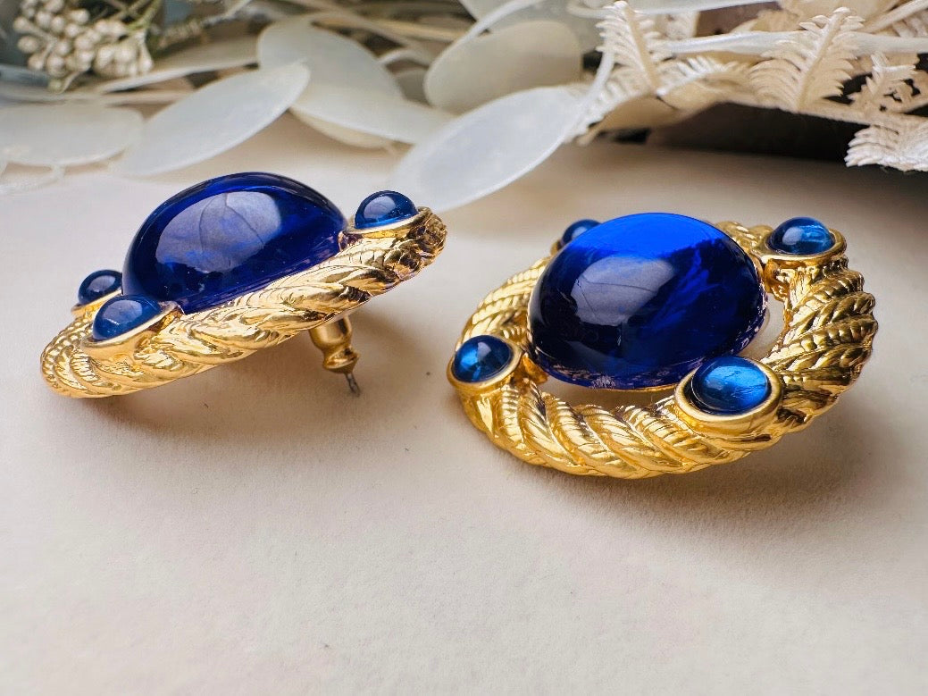 Cobalt Blue Gold Rope Earrings, Vintage Park Lane Earrings with Deep Blue Glowing Cabochons