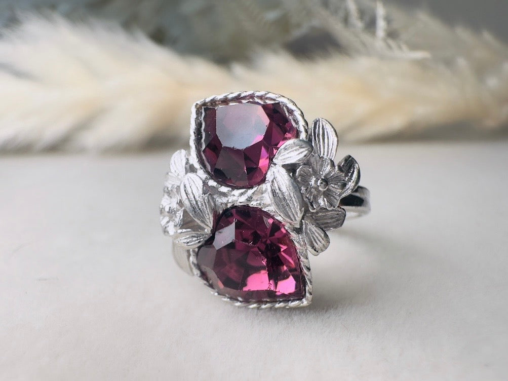 Vintage Heart Cocktail Ring, February Birthstone Purple Heart Ring, 1973 Amethyst and Silver Flowers Double Heart Love Story Sarah Coventry