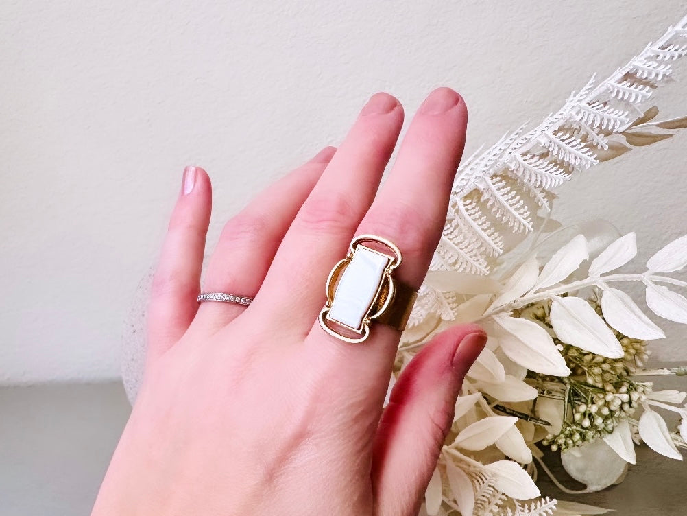 1975 Vintage White and Gold Ring, Vintage Sarah Coventry Summer Song Ring, Interesting Textured Cuff Ring with Big Framed Rectangle Focal