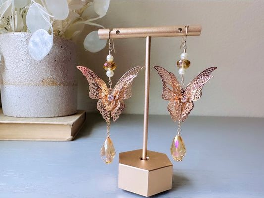 Golden Butterfly Earrings, Handmade Gold Filigree Butterfly Long Dangle Earrings, Gold Crystal and Pearl 14kt Gold, Faerie Wedding Earrings