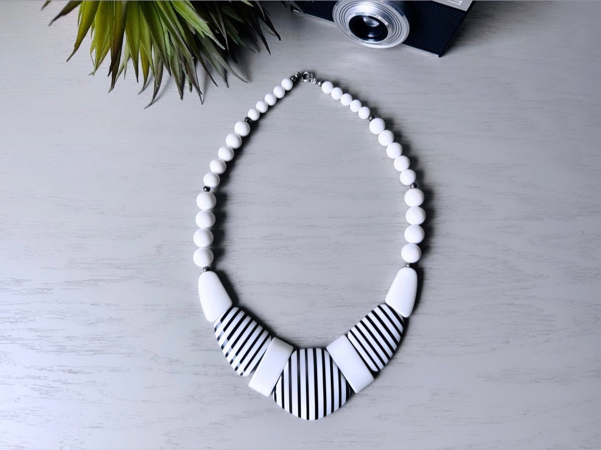 Black and White Vintage Necklace, Vintage Acrylic Necklace, Vintage Nautical Sailor 1960s Retro Mod Necklace, Unique Chunky Striped Necklace