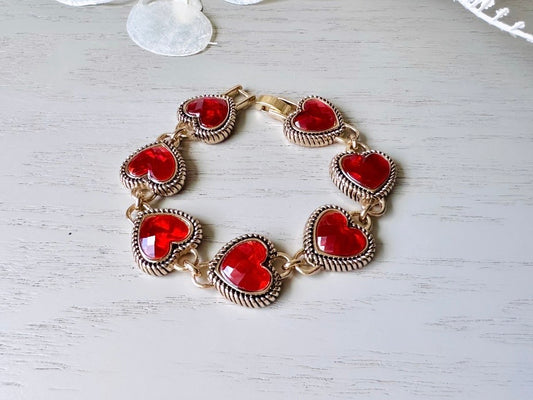 Napier Heart Bracelet, Red Confetti Heart Lucite Link Bracelet, Cute Vintage Bracelet, Gifts for Her, Gold Heart Jewelry, Signed Designer